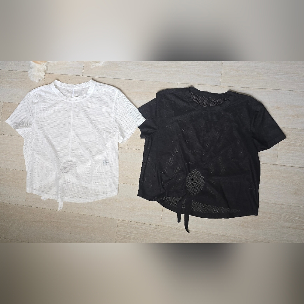 White and Black Sheer Tie-Front Tops